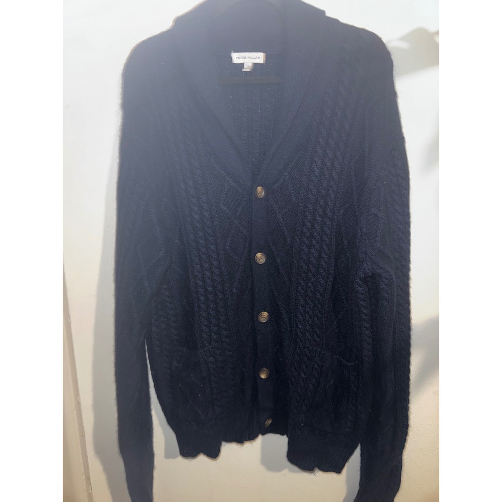 Peter Millar XL Navy Blue Wool Yak Cashmere Cable Knit Shawl Cardigan Sweater - Picture 2 of 11